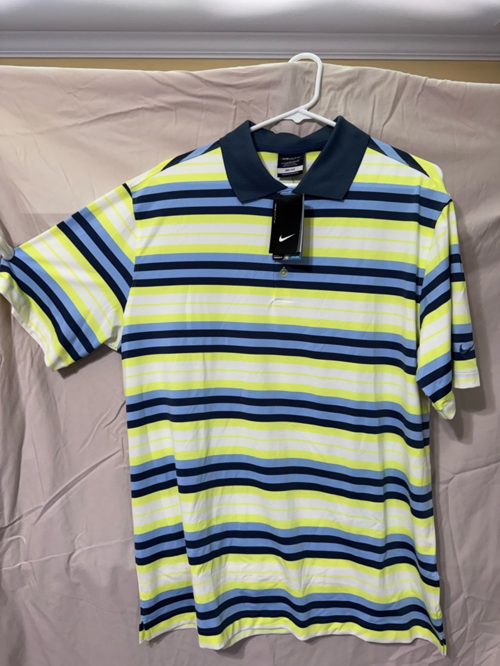 Nike Men’s Striped Polo in Navy, Light Blue & Neon Yellow